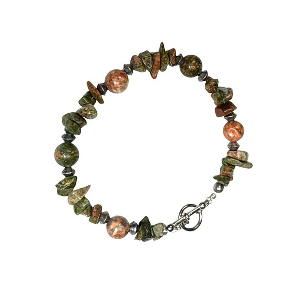 Unakite Gemstone Bracelet Chip & Round Beads w/ Copper Accents 8" Toggle - Picture 3 of 8